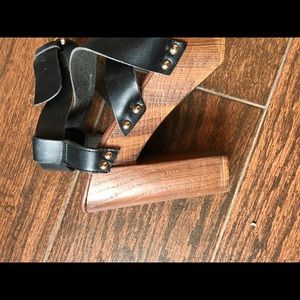 black strappy wooden heel shoes